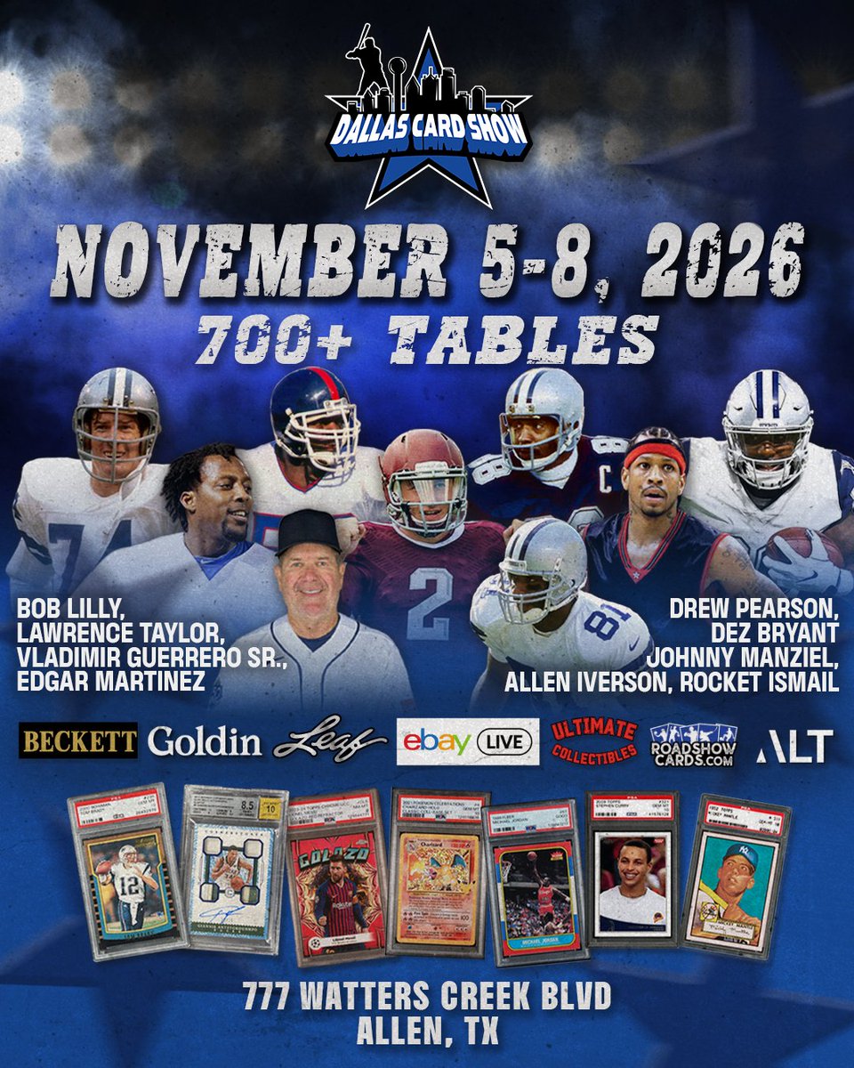 DallasCardShow's tweet photo. The Dallas Card Show is coming to Allen, TX, November 5–8, 2026!

Join us at the Marriott Dallas Allen Hotel & Convention Center for one of the biggest card shows in the country, featuring 700+ vendor tables of sports cards, Pokémon, memorabilia, collectibles, and more!

We're bringing an incredible lineup of autograph guests, including:

🏈 Lawrence Taylor
🏈 Drew Pearson
🏈 Dez Bryant
🏈 Johnny Manziel
🏈 Bob Lilly
🏈 Rocket Ismail
🏀 Allen Iverson
⚾ Vladimir Guerrero Sr.
⚾ Edgar Martinez

Plus, enjoy auction houses, grading services, Trade Night, and so much more!

📍 777 Watters Creek Blvd, Allen, TX
📅 November 5–8, 2026

Get your tickets now at https://t.co/0MwXLzr2TW!

All autograph dates and times are subject to change.
