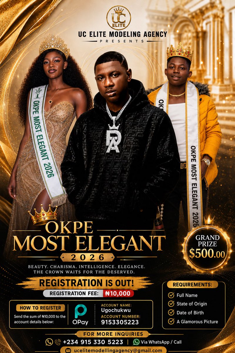 PeazyAriegwe's tweet photo. 📢 REGISTRATION IS OUT!

To participate in the Okpe Most Elegant 2026 pageantry: 📲 Contact UC Elite Modeling Agency via WhatsApp/call for registration and enquiries: https://t.co/PuLluMo0yt