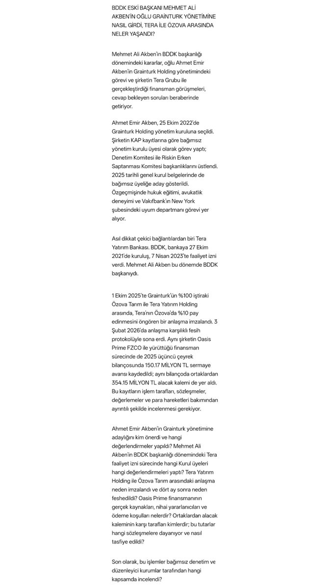 kiyashaber184's tweet photo. 🔴 Gazeteci Emre Erciş, f*n mağdurları için sordu:

-BDDK eski Başkanı Mehmet Ali Akben’in oğlu Grainturk yönetimine nasıl girdi?

-Tera ile Özova arasındaki anlaşma neden yapıldı?

-4 ay sonra neden feshedildi?

-Milyonlarca TL'lik finansman işlemlerinin perde arkasında ne var? https://t.co/wdWg1yFmEl