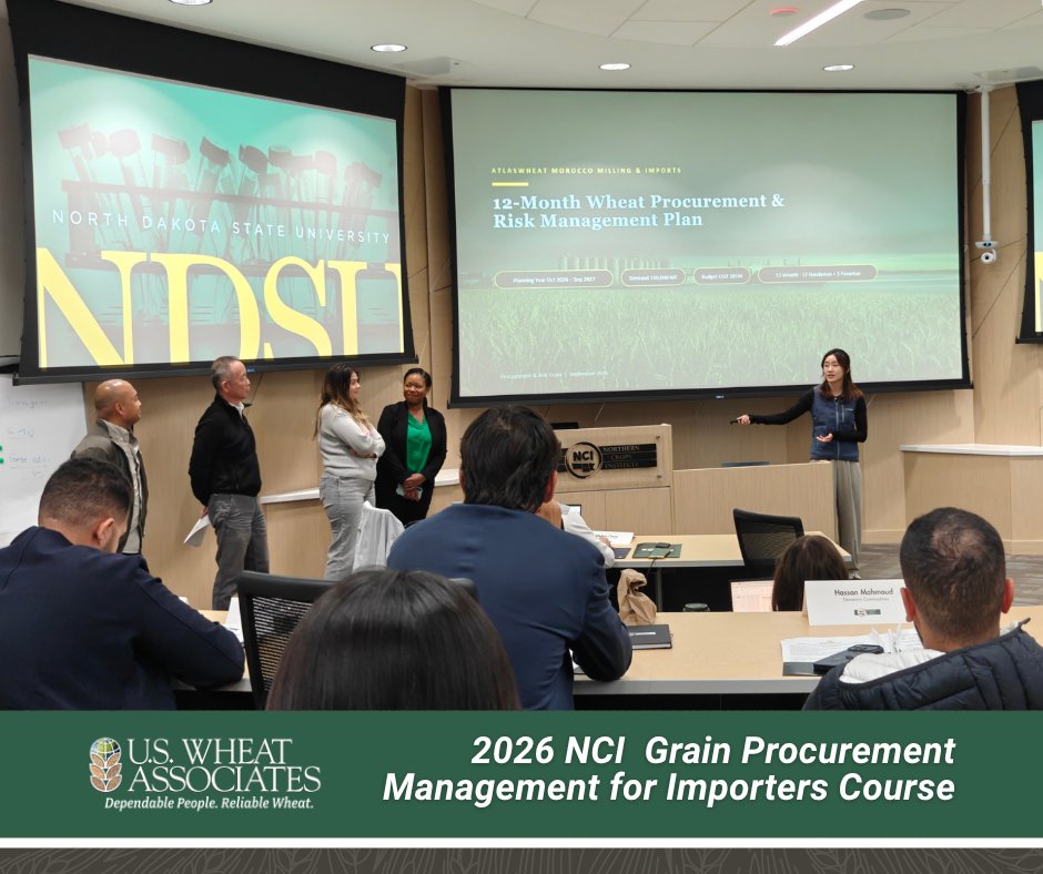 uswheatassoc's tweet photo. After another successful @NCI_NDSU Grain Procurement Management for Importers program, which has taught intl buyers how grain moves from farm to foreign market for 43 yrs, NCI will dedicate a 2027 course offering entirely to #uswheat.

Read: https://t.co/zjaDTjc8Vo

@uswheatassoc https://t.co/rWhQptQT2v