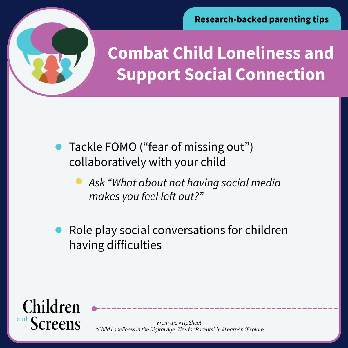 childrenscreens's tweet photo. Read the expert-backed, evidence-based #TipSheet “Child Loneliness in the Digital Age” for #ParentingTips on how to recognize the signs of loneliness alongside practical recommendations for strengthening family relationships and building healthy #SocialMedia habits. 🔗 https://t.co/KCZJfcn9B8