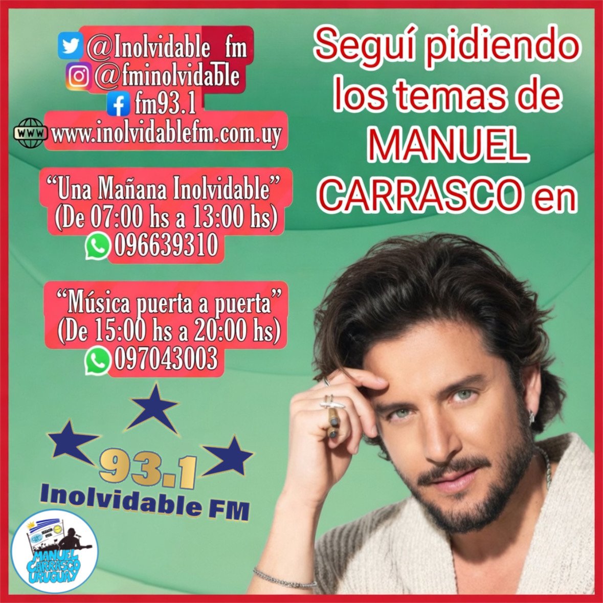 mcarrasco_uru's tweet photo. Pedí tus canciones favoritas de @manuelcarrasco_ por @Inolvidable_FM
@UMUruguay @UMArgentina @UniversalSpain
#inolvidable #manuelcarrasco #manuel https://t.co/XifRVTT3kh