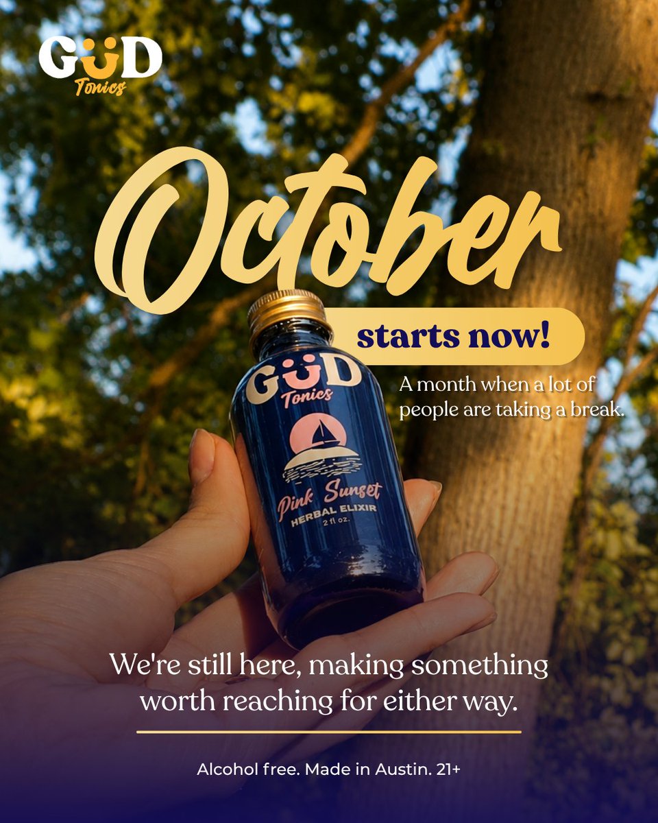 GUDTonics's tweet photo. Sober October starts today.
A lot of people are taking a break this month, but the shelf has not really caught up.
We make something worth reaching for either way. 21+

#gudtonics #soberoctober #alcoholfree #austintx #21plus https://t.co/bjrMQhli5t