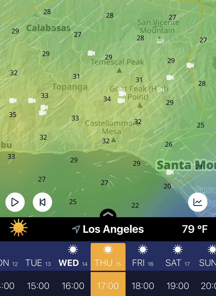spencerpratt's tweet photo. The predicted wind gusts in the Palisades for the fire weather event tomorrow are in the low to mid 30's. The wind gusts in the Palisades when my house was burning down peaked at just 38 mph.
There's this myth that we had hurricane force winds. Nah, man. Gusts were in the low 20's for the first 5 hours of the fire. Right now, we have both reservoirs still offline, 2 water mains just broke, and they let ALL the brush regrow around us, plus there are dozens of open timber-framed homes everywhere. Keep your head on a swivel, folks. LAPD and LASD should be doing round-the-clock patrols in the wildland urban areas to watch out for DSA street animals trying to start chaos over the next few days. Brentwood and Bel Air...BE CAREFUL.