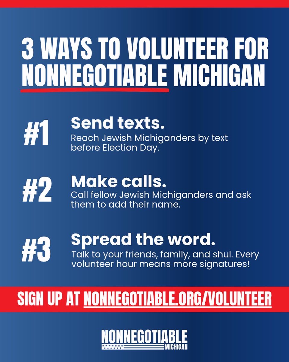NonnegotiableMI's tweet photo. Election Day is less than three weeks away.

We need volunteers to reach Jewish Michiganders before November 3rd through texts, phone calls, and conversations with your own community about Nonnegotiable.

Every conversation builds our collective voice and brings in more signatures!