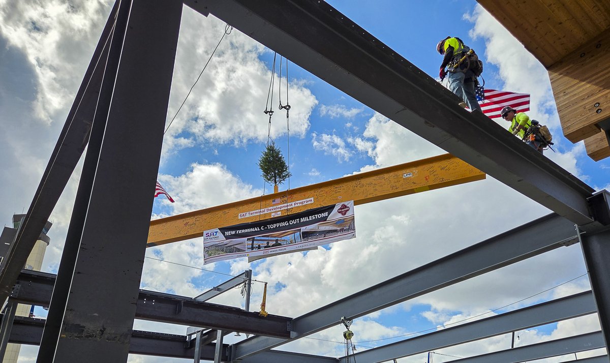 SATairport's tweet photo. Today, we celebrated the placement of the FINAL structural beam in Terminal C, marking continued progress on the largest capital improvement project in City of San Antonio history! Stay tuned for more behind-the-scenes moments from this major milestone &amp; beam topping-off ceremony https://t.co/0QyHQlEuZT