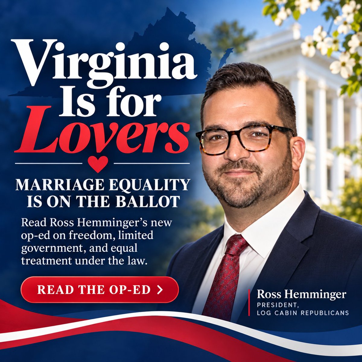 LogCabinGOP's tweet photo. Virginia is for Lovers 💘: With marriage equality on the Virginia ballot, LCR President Ross Hemminger makes the conservative case for protecting the freedom of two adults to marry and ensuring equal treatment under the law. 

#MarriageEquality #LoveVA #VirginiaIsForLovers #StandForLove #Virginia #VirginiaNews #VoteYeson2 #Yeson2