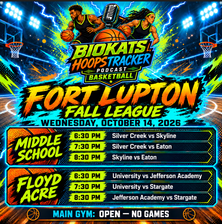 hoopstracker's tweet photo. 🏀⚡ FORT LUPTON FALL LEAGUE — TONIGHT! ⚡🏀
Six games. Two gyms. Bring the energy! 🔥 Wednesday, October 14, the court is calling!
Main Gym: Open — no games scheduled.

Get out, support your squad, and catch some fall hoops in Fort Lupton! 💪🏀

#HoopsTracker #Biokats https://t.co/d9fNJPutsy