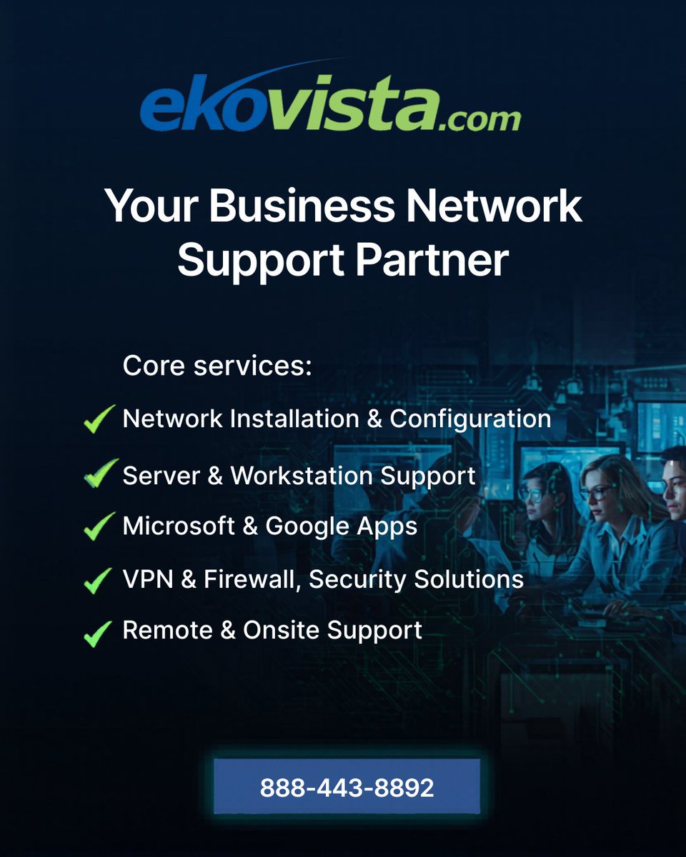 ekovista's tweet photo. Boost business productivity with expert network support from Ekovista. Optimize your IT infrastructure for maximum reliability and uptime. Learn more at https://t.co/iLC32YP0tD.
#Ekovista #ITSupport #CloudSolutions #BusinessIT #SmallBusinessSupport #TechSupport https://t.co/3lvagA8DxO