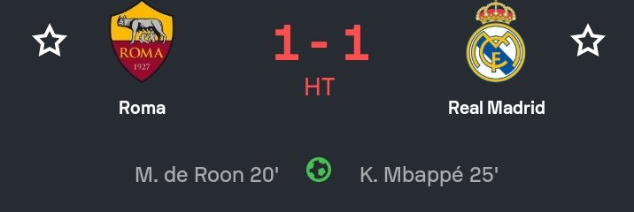 Ola_Report's tweet photo. 🚨 HALF-TIME: ROMA 1–1 REAL MADRID

⚽ Roma struck first through a deflected De Roon effort, but Kylian Mbappé levelled for Madrid.

Roma started brightly, while Madrid grew into the game. Everything to play for in the second half! 🔥

#UCL #OlaReport https://t.co/l3oCy1qJKH