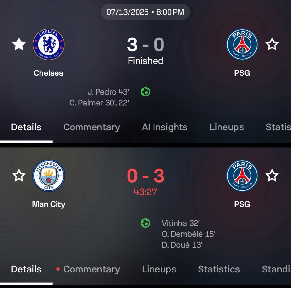 M10J4's tweet photo. By this time at 43mins Chelsea are already winning 3 goals down. we went, we saw and we conquered. 

City is a shameful club to have allowed PSG treat them they way we treated PSG. Who is the Boss now?😄 #MCIPSG https://t.co/Ospo03iYNK