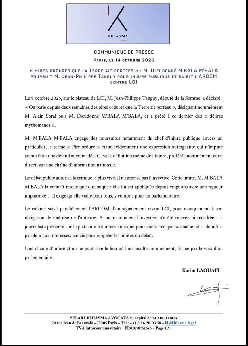 MbalaDieudo's tweet photo. Jean-Philippe Tanguy traite Dieudonné de « pire ordure» sur LCI.
On déplore la pauvreté du langage de ceux qui prétendent incarner la France.
Dieudonné lui donne rendez-vous au tribunal.
Il serait dommage que seuls les humoristes découvrent les limites de la liberté d’expression. https://t.co/Gp5p02NRyZ