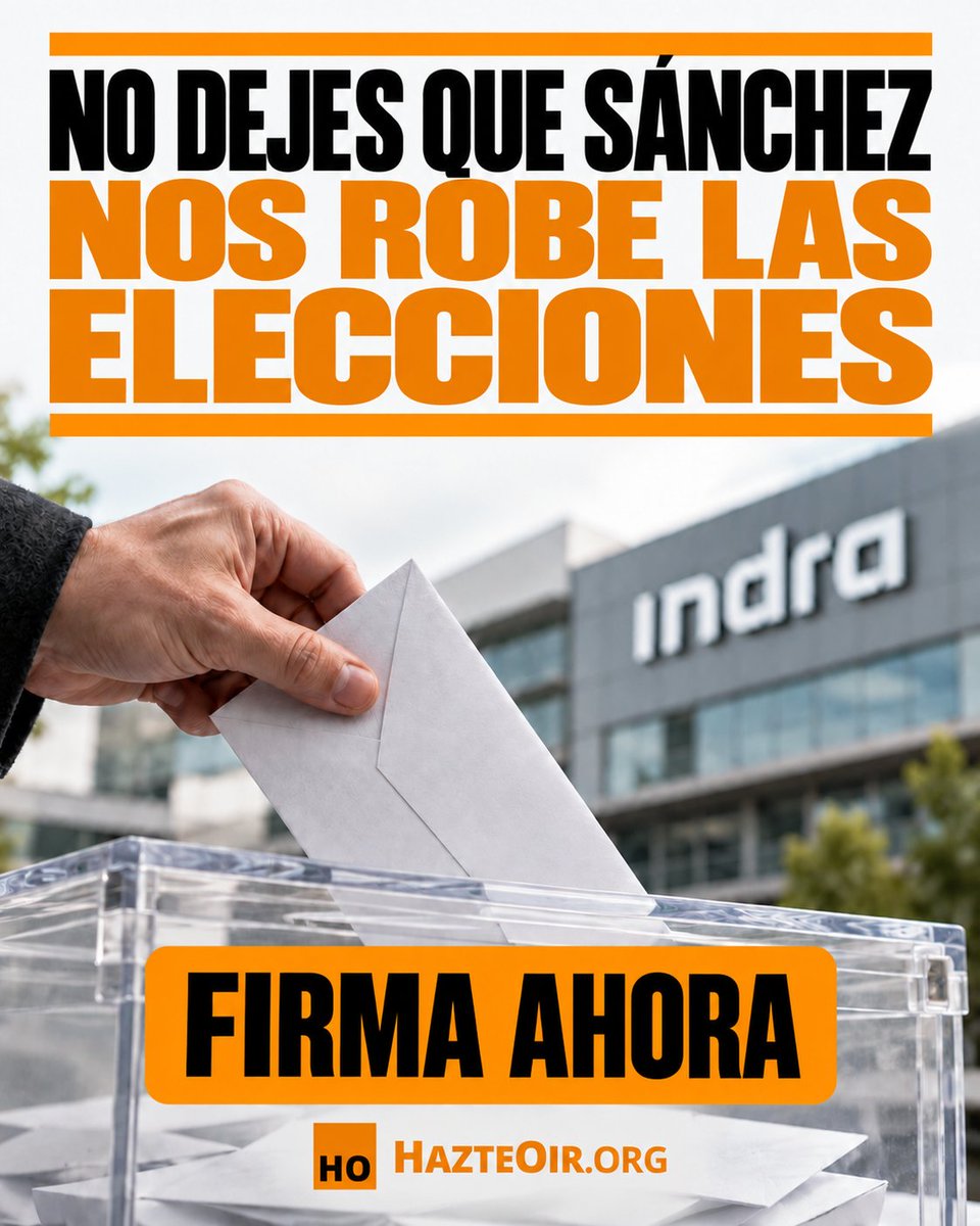 hazteoir's tweet photo. 🚨 URGENTE / ¿CONFÍAS EN INDRA?

🔥 En 48 horas se decide si Sánchez puede robarnos las elecciones.

💻 Porque el recuento provisional que verás la noche electoral lo transmite el sistema de Indra.

😱 Sin una auditoría pública, ¿quién te garantiza que lo que sale en pantalla es lo que votaste?

🤬 Sánchez quiere que lo aceptemos a ciegas. Y NO vamos a hacerlo.

🏛️ Por eso este viernes llevamos en persona tus firmas a la Junta Electoral Central.

⏳ Pero solo quedan 48 horas para reunir todas las voces posibles.

📢 Ya somos más de 86.000. Si llegamos a 100.000, la JEC no podrá mirar hacia otro lado.

👉 FIRMA AHORA para exigir una auditoría pública del recuento.

✍️ Firma aquí: https://t.co/ZWf3QZumQe
