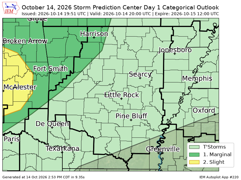 ChiefKeith's tweet photo. #SPC issues Day 1 Marginal Convective Risk at Oct 14, 19:51z for LZK https://t.co/ULNUlk0O2H https://t.co/bXPUiltnTJ