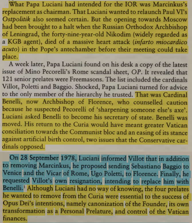 toxictiramisu's tweet photo. Pope John Paul I died 33 days into his papacy after discovering Cardinal Villot &amp; senior clergy were Masons tied to P2 &amp; Vatican Bank corruption. After moving to remove them, he was found dead, w/ Villot tampering w/ evidence, blocking an autopsy &amp; covering up the assassination. https://t.co/FjQ8QeVJMv