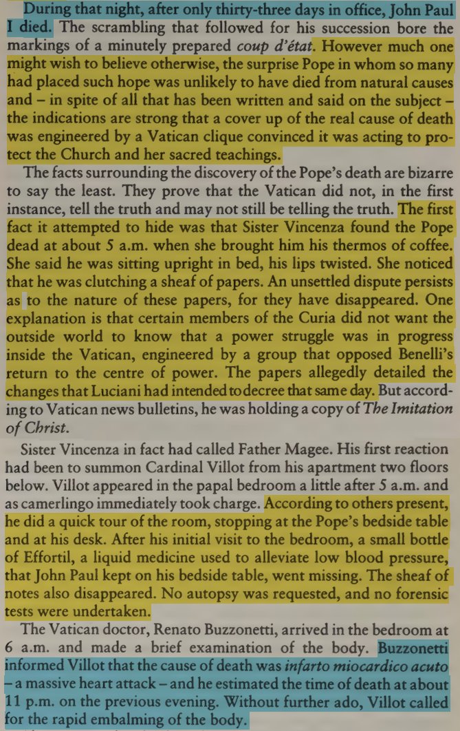 toxictiramisu's tweet photo. Pope John Paul I died 33 days into his papacy after discovering Cardinal Villot &amp; senior clergy were Masons tied to P2 &amp; Vatican Bank corruption. After moving to remove them, he was found dead, w/ Villot tampering w/ evidence, blocking an autopsy &amp; covering up the assassination. https://t.co/FjQ8QeVJMv