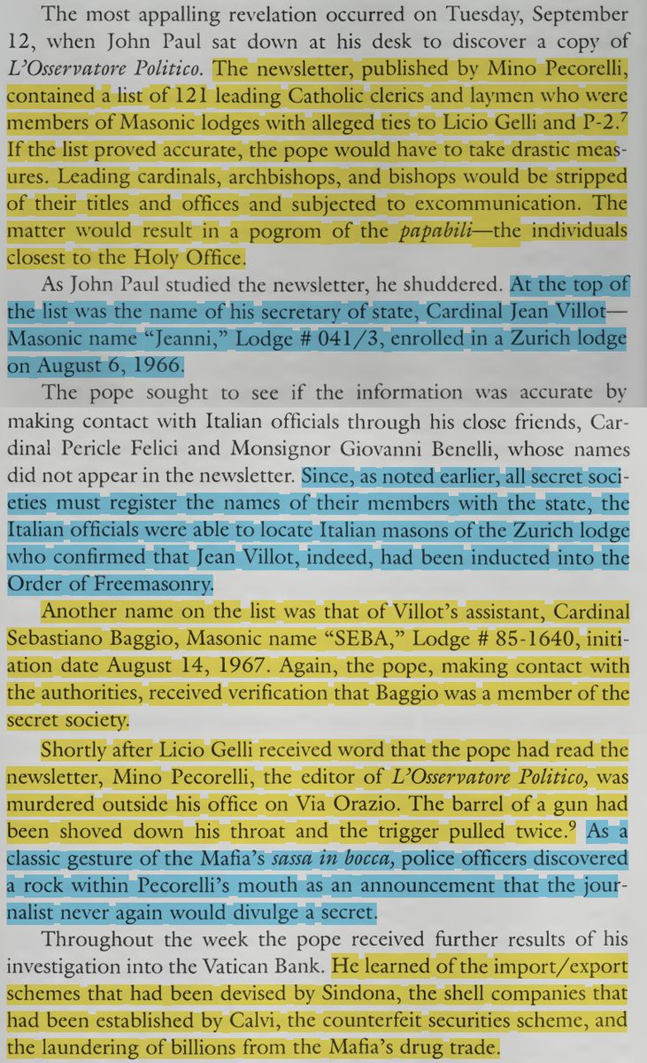 toxictiramisu's tweet photo. Pope John Paul I died 33 days into his papacy after discovering Cardinal Villot &amp; senior clergy were Masons tied to P2 &amp; Vatican Bank corruption. After moving to remove them, he was found dead, w/ Villot tampering w/ evidence, blocking an autopsy &amp; covering up the assassination. https://t.co/FjQ8QeVJMv