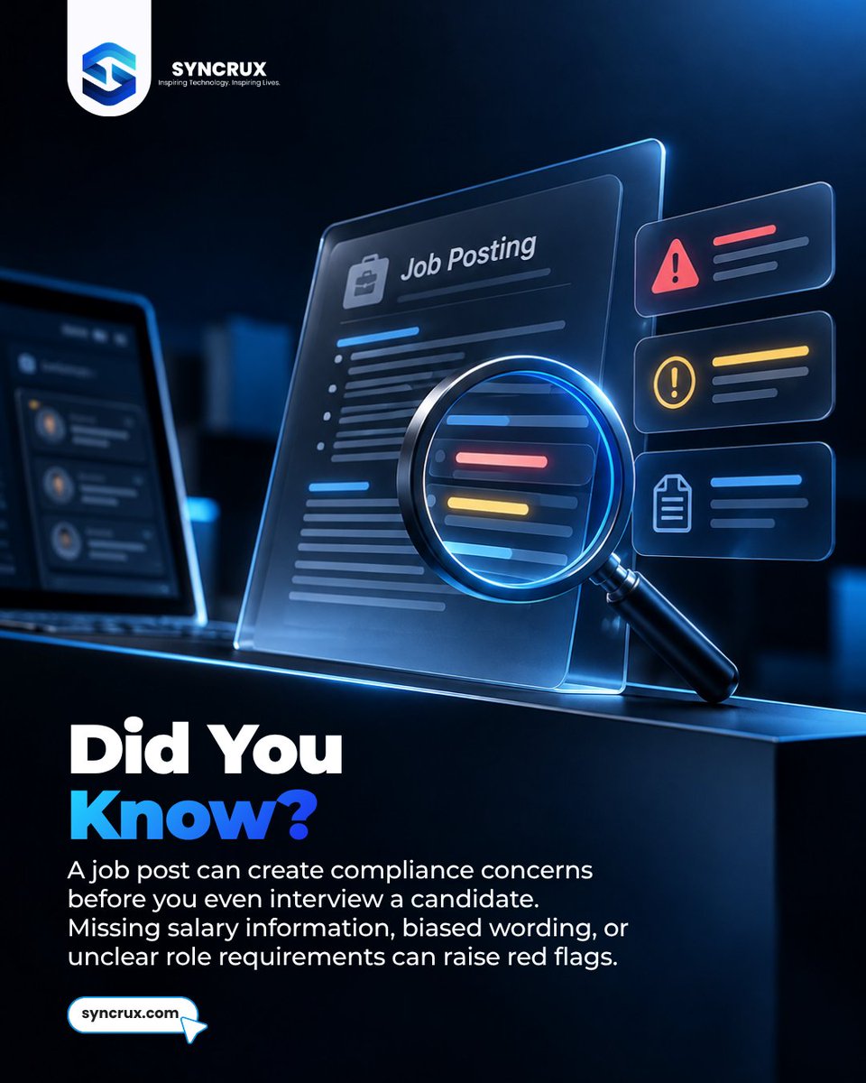 SyncruxAI's tweet photo. CompHR helps review job posts for potential issues before they go live.

Visit Our Website: https://t.co/xP6kxSEB3z 
Visit Us: New York, NY 10001, US
#syncruxai #comphr #hrcompliance #jobposting #hiringtips https://t.co/lKyguXFsl0