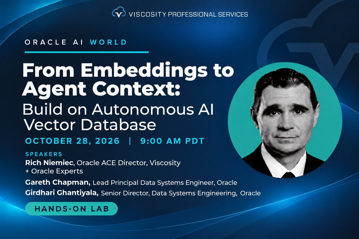 OraPubInc's tweet photo. #OracleAIWorld is coming! 🚀 

#ACED Rich Niemiec joins Oracle's Gareth Chapman &amp; Girdhari Ghantiyala for a hands-on lab on AI Vector Database &amp; #aiapps. 
 
📅 Oct 28, 2026, 9 AM PDT 

👉 See the details: https://t.co/hLlPnDFpzK https://t.co/Dn2MTmcKnS