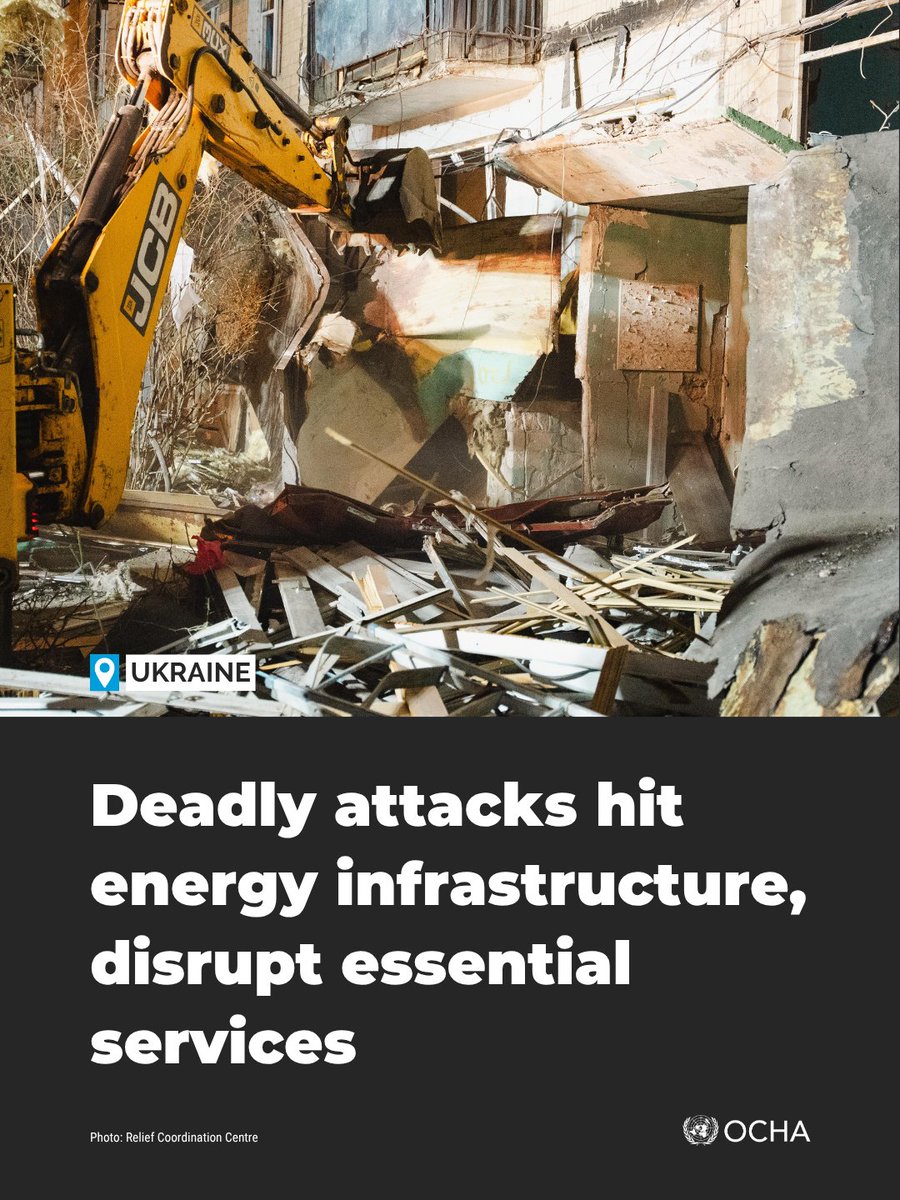 UNOCHA's tweet photo. In #Ukraine, another wave of large-scale attacks killed and injured civilians and damaged critical energy infrastructure.

The attacks left 600,000 people without electricity and disrupted water in parts of Kyiv.

Humanitarians responded rapidly.

Read: https://t.co/EedYM6pjr4 https://t.co/0wLzYqR21M