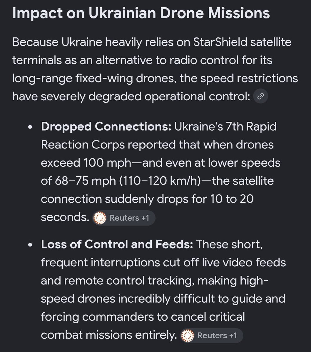 bitcoinregulate's tweet photo. SpaceX has restricted Ukraine’s @Starlink access by imposing a 100 mph (160 km/h) speed limit on moving terminals, a move that has directly disrupted mid-range and long-range military drone missions. https://t.co/08WaybT6Lf