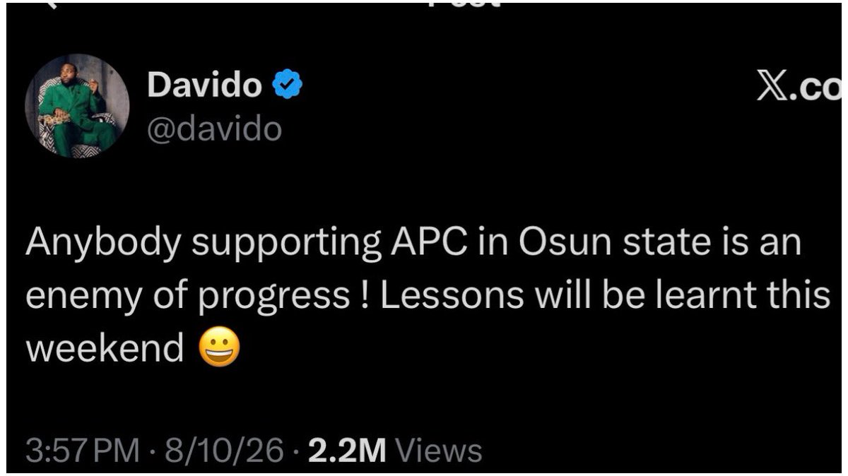 engr_shaibu_'s tweet photo. “Governor Ademola Adeleke is an enemy of progress”

_ DAVIDO (@davido) https://t.co/xJdZX4KeMq