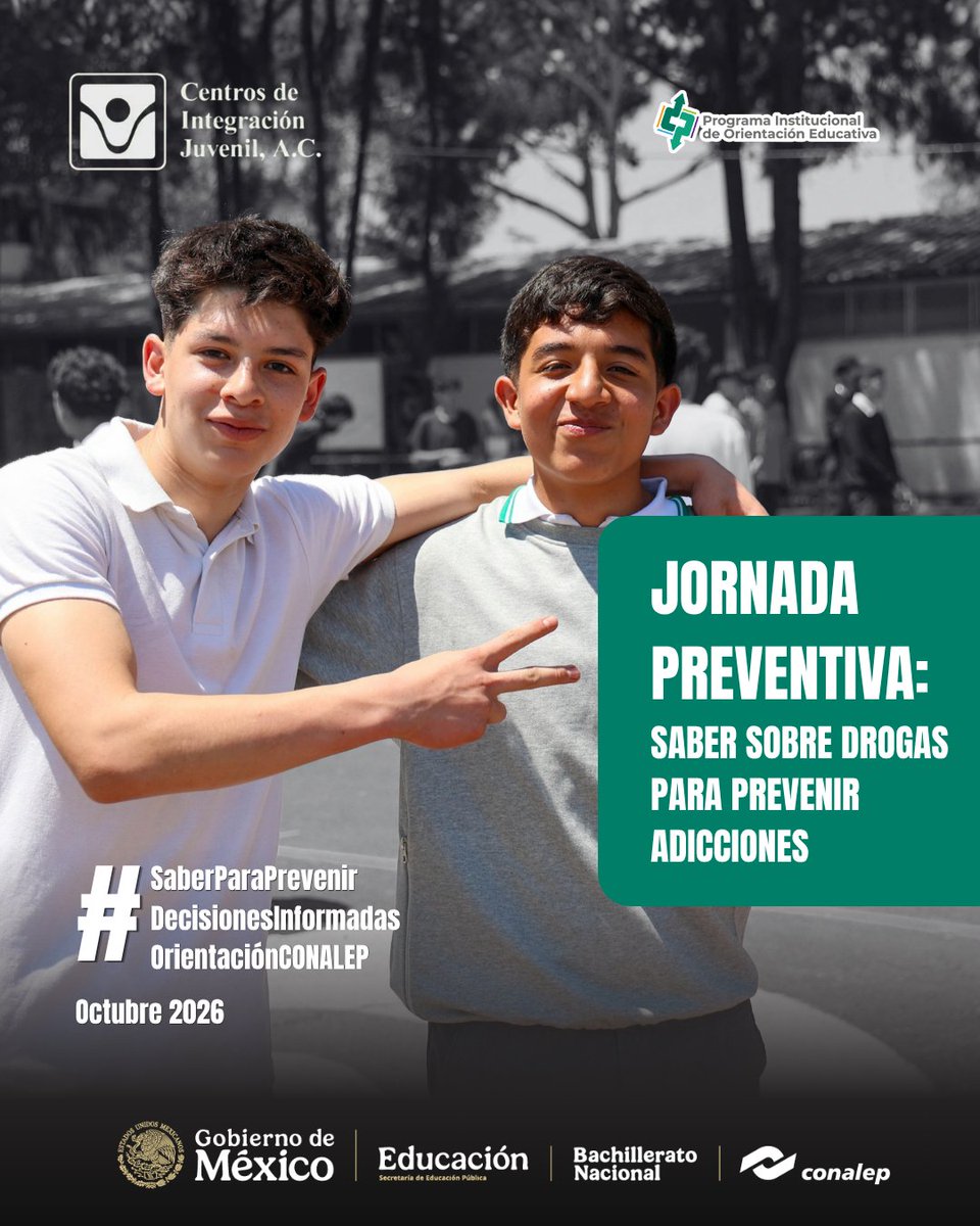 CONALEP_Mex's tweet photo. Durante octubre, participa en la Jornada Nacional “Saber sobre drogas para prevenir adicciones” y conoce dónde solicitar orientación y apoyo especializado en salud mental y adicciones.

Consulta las actividades de tu plantel. ¡Estamos para apoyarte! 💚

#OrientaciónCONALEP https://t.co/MWRUaXgeNO