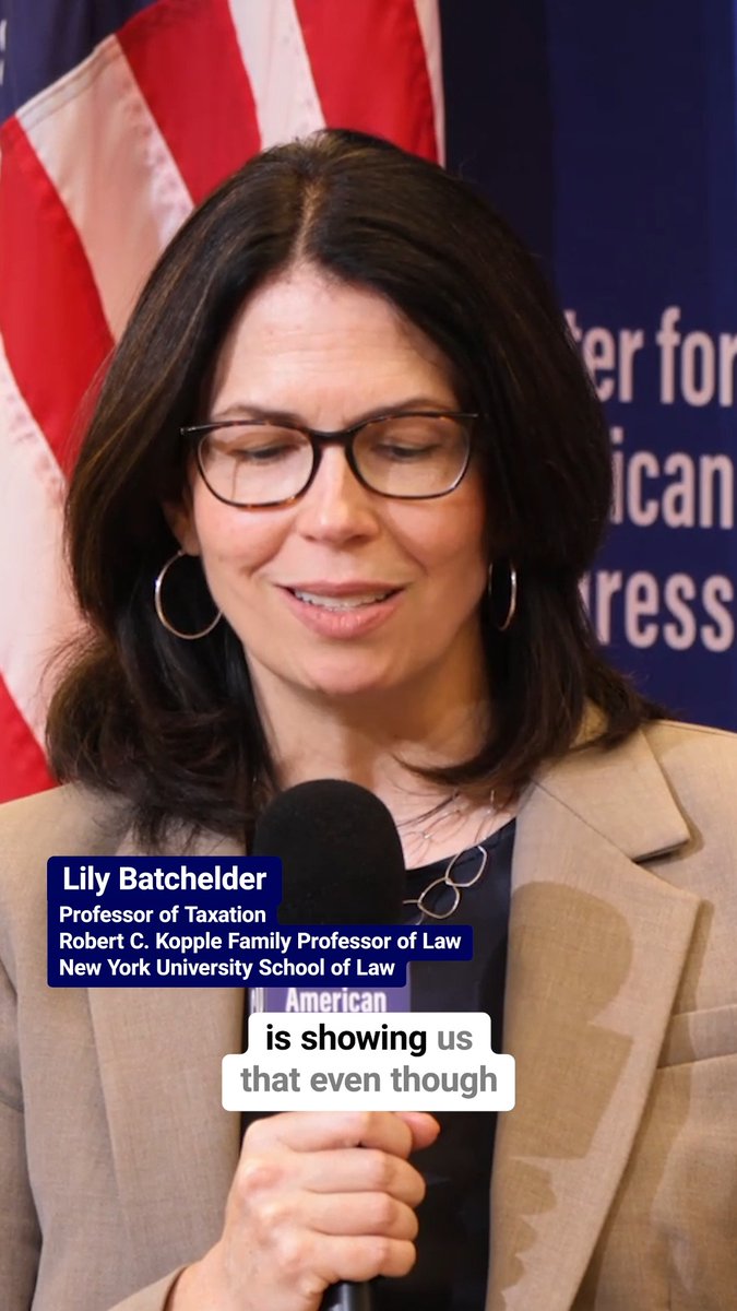 Lily Batchelder, Professor of Taxation and Robert C. Kopple Family Professor of Law at NYU School of Law, speaking into a microphone at an American event with caption 'is showing us that even though'.