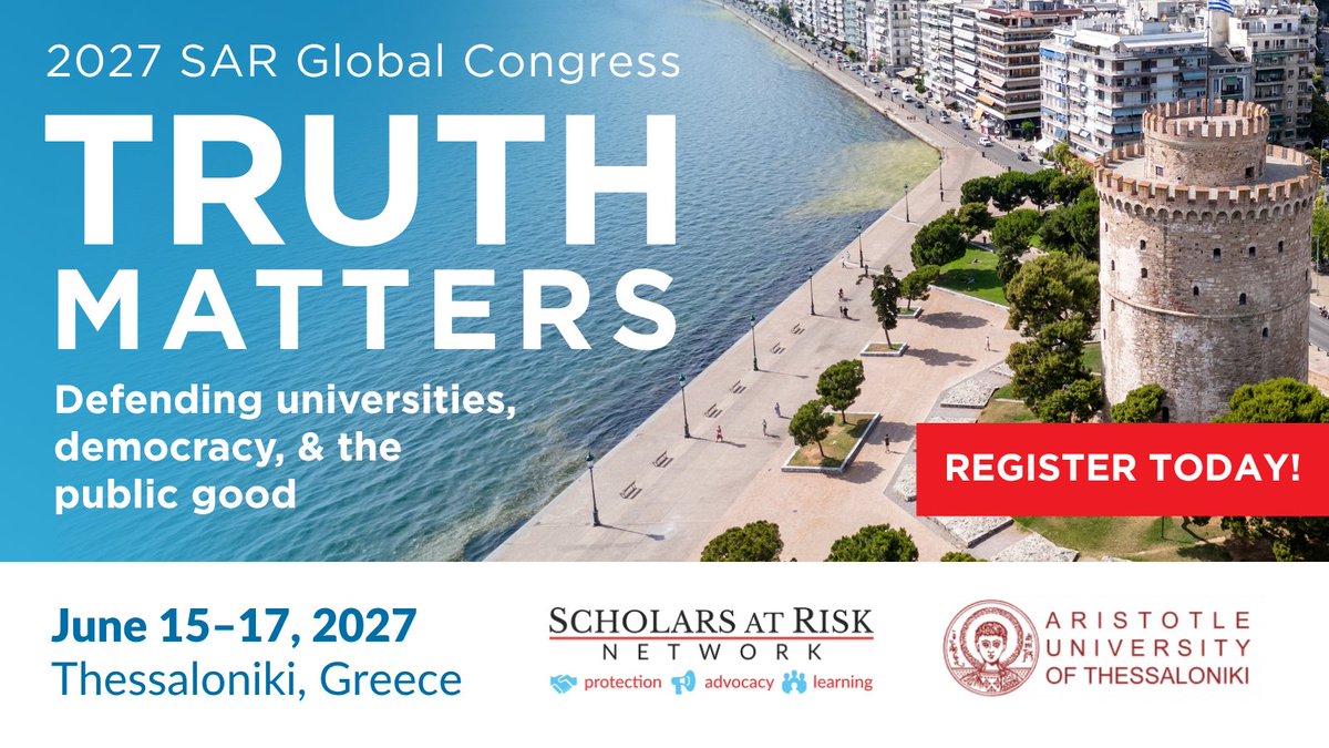 ScholarsAtRisk's tweet photo. Early registration is now open for the 2027 SAR Global Congress, June 15-17, 2027, with @Auth_University in Greece! Join global #highered leaders, scholars, and partners to discuss the essential role of academic freedom in a democratic society. https://t.co/nEFR70HCuh https://t.co/YCYPZp9cKV