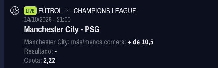pickscardscorne's tweet photo. 2 Pronósticos LIVES al descanso 🛎️⏰🔔⚽️👇

Manchester City - Psg 

Manchester City + 10.5 Corners
@ 2.22
Stake 5.5/10

Manchester City + 11.5 Corners
@ 3.21
Stake 2/10 https://t.co/249IW1Kcm4