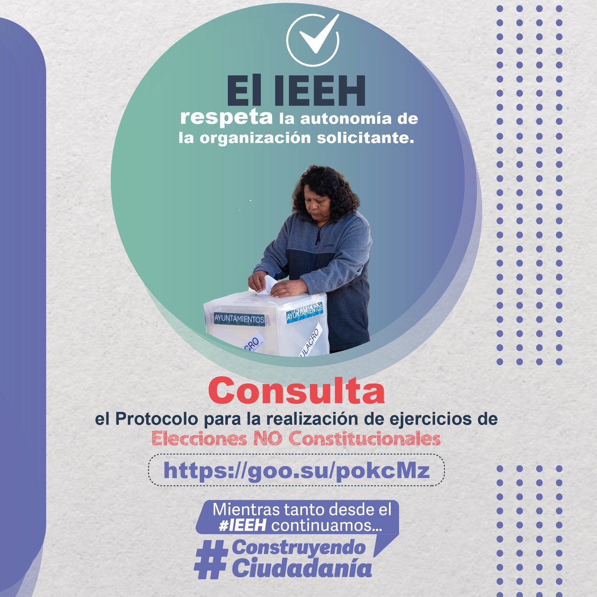 IEEHidalgo's tweet photo. 🗣️🙌 ||📌 Conoce las modalidades de apoyo disponibles.

🔎 Consulta el Protocolo para la realización de ejercicios de Elecciones No Constitucionales en: 🌐 https://t.co/AD3bRK17oP

Mientras tanto desde el #IEEH continuamos… 🙌 #ConstruyendoCiudadanía 🙌

🔵#ValorInstitucional https://t.co/KBwnEmanVi