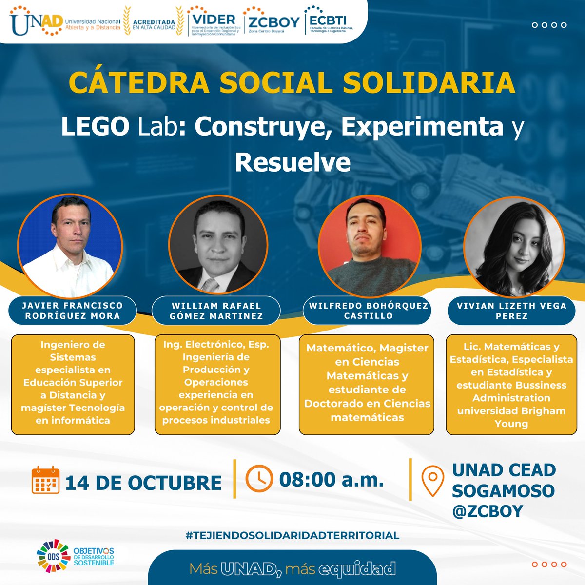 ElOIRdelaRegion's tweet photo. 🧱🚀 ¡Construir, experimentar y resolver desafíos es aprender haciendo e innovar para transformar nuestro entorno! Te invitamos a “LEGO Lab: Construye, Experimenta y Resuelve”, un espacio de aprendizaje práctico que impulsa la creatividad, el pensamiento lógico, la innovación y el trabajo colaborativo mediante la construcción y la experimentación. 🧠⚙️🧩✨
📅 Fecha: 14 de octubre de 2026
⏰ Hora: 8:00 a. m.
📍 Lugar: Instalaciones UNAD CEAD Sogamoso
🏫 VIDER – ECBTI
📌 Modalidad: Presencial
💜✨ ¡En la UNAD transformamos las ideas en oportunidades para aprender, crear y construir un futuro sostenible! Porque cada desafío es una oportunidad para innovar y cada construcción, un paso hacia nuevas soluciones. 🧱🤖🚀
#ZonaCentroBoyacá #Sogamoso #UNAD #LEGOlab #Innovación #AprendizajeCreativo #PensamientoLógico #TrabajoColaborativo #EducaciónDeCalidad #ODS4