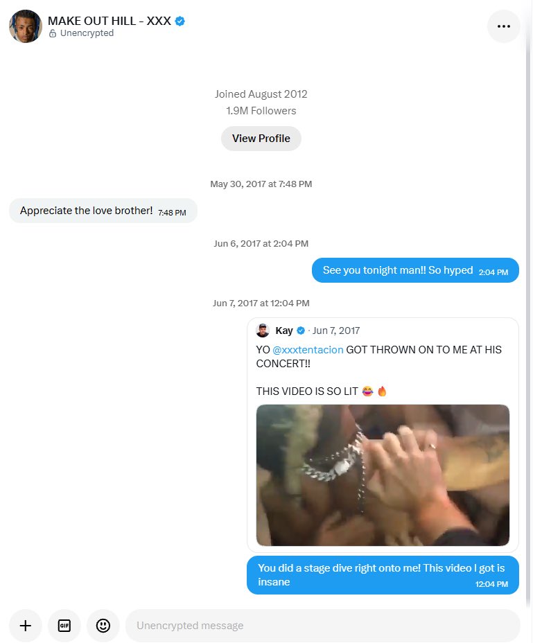 FrazierKay's tweet photo. I don’t think people realise how insane XXXTentacion concerts actually were 😭

Back in 2017, X literally got thrown off stage and landed right on top of me.

The second video is even crazier, security was literally holding him back from falling into the crowd.

I was a massive fan of X back then, and still am to this day. There really was nobody quite like him.

Looking back at our messages before the show makes this memory even crazier.

Almost a decade later, his music still hits the same.

RIP X 🕊️