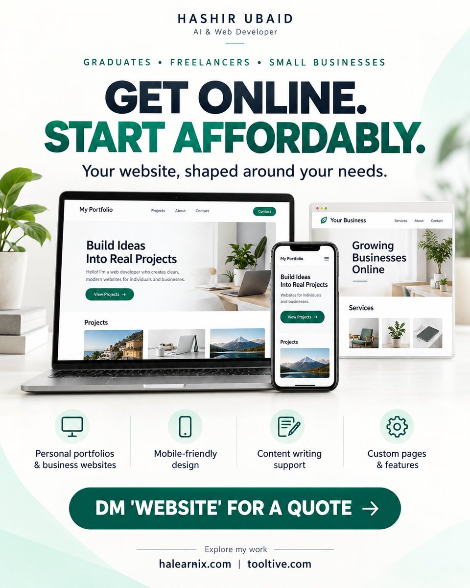HashirUbaid2's tweet photo. Recently graduated, starting a business, or ready to showcase your work? 

✅ Personal portfolios and business websites
✅ Mobile-friendly designs
✅ Content writing support
✅ Custom pages and features
📩 DM “WEBSITE” with your idea, required pages and budget for a quote. https://t.co/vxb8glrDuN