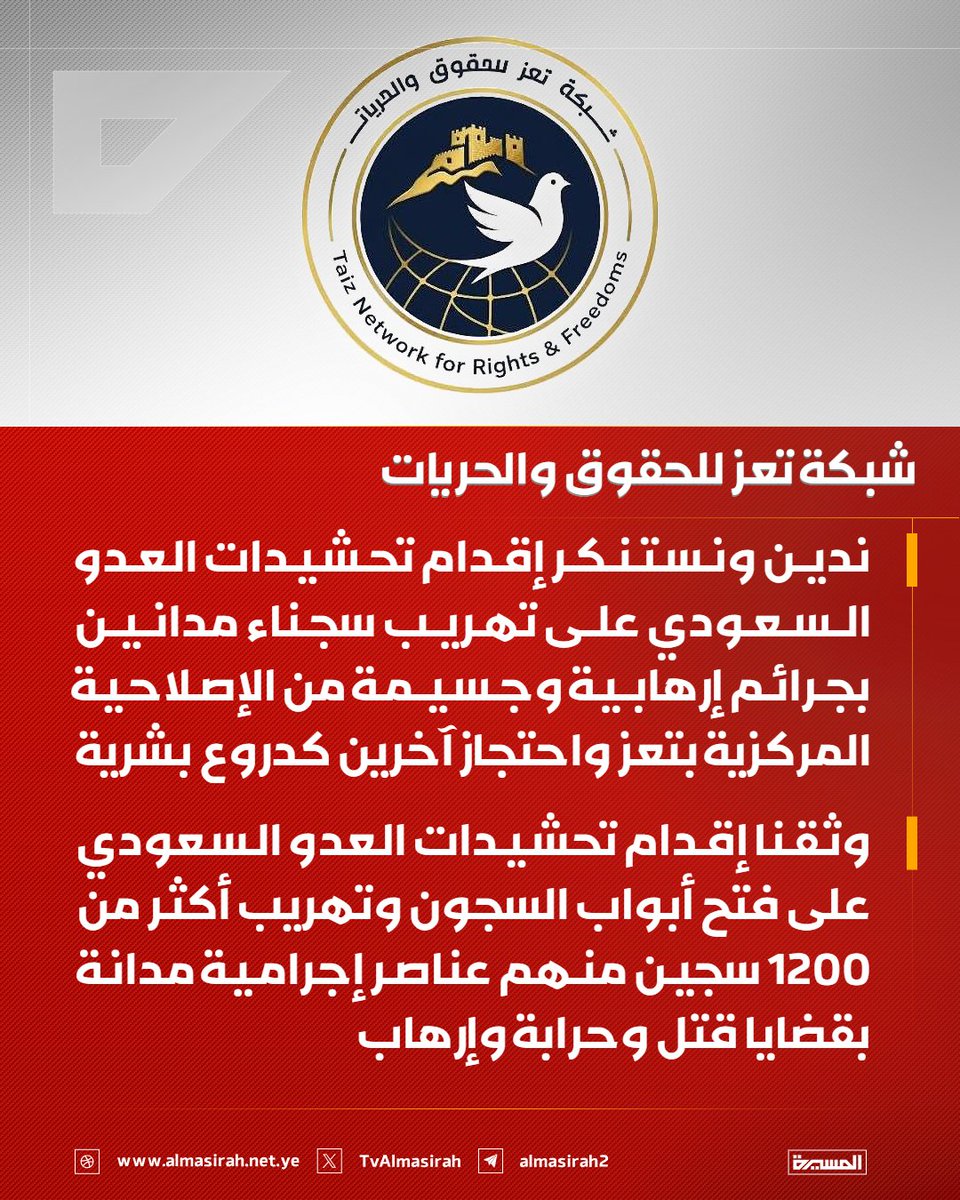 Almasirah_YE's tweet photo. 🟥 شبكة تعز للحقوق والحريات:
♦️ ندين ونستنكر إقدام تحشيدات العدو السعودي على تهريب سجناء مدانين بجرائم إرهابية وجسيمة من الإصلاحية المركزية بتعز واحتجاز آخرين كدروع بشرية
♦️ وثقنا إقدام تحشيدات العدو السعودي على فتح أبواب السجون وتهريب أكثر من 1200 سجين منهم عناصر إجرامية مدانة بقضايا قتل وحرابة وإرهاب
♦️ في مقدمة من تم تهريبهم من السجون المتهمون الرئيسيون بقتل إفتهان المشهري مديرة صندوق النظافة والتحسين بتعز
♦️ تحشيدات العدو السعودي سارعت إلى إعادة تسليح السجناء المدانين بجرائم إرهابية وجسيمة وتكليفهم بتنفيذ مهام وأعمال إجرامية جديدة
♦️ نحمل العدو السعودي وتحشيداته كامل المســـؤولية الجنائية والأخلاقية والقانونية عن تهريب المجرمين والقتلة وما يترتب على تسليحهم من جرائم