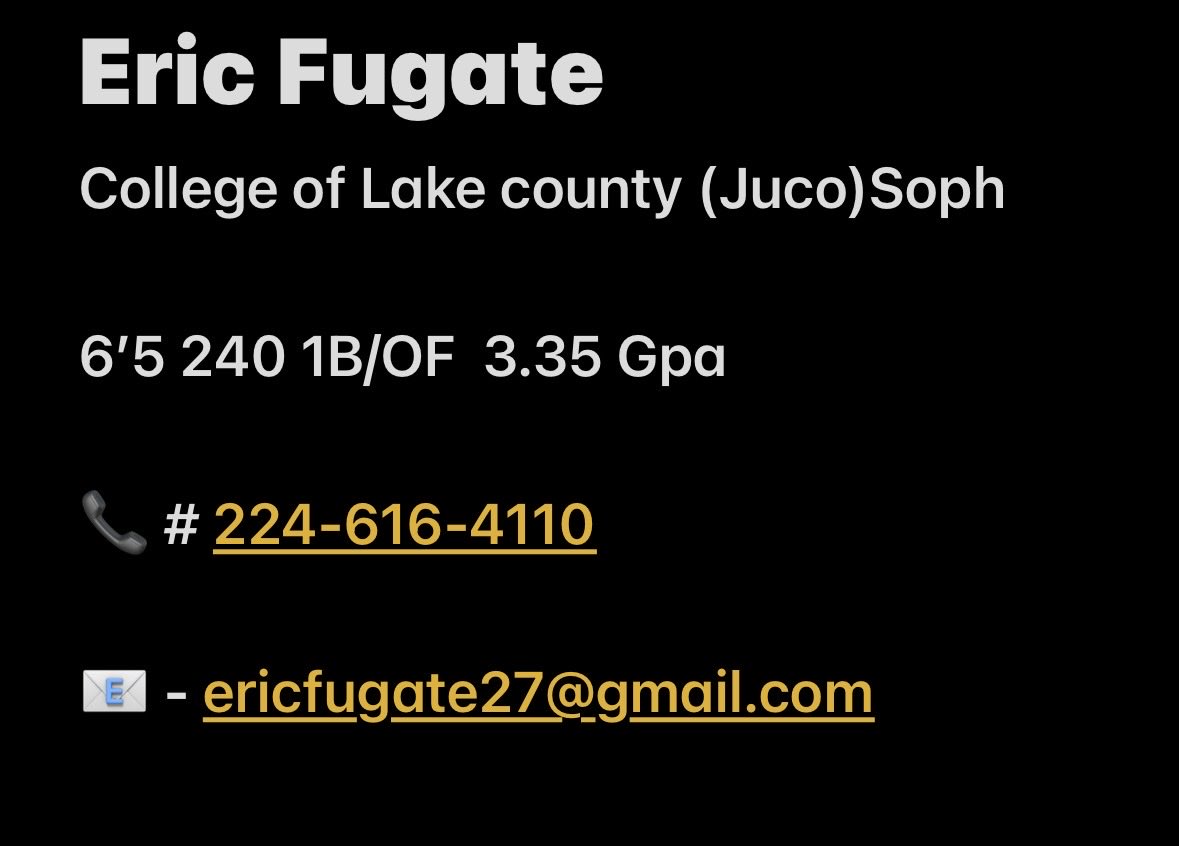 EricFugate27's tweet photo. JUCO Sophmore 
College of Lake County 
6’5 240lbs 1B/OF 3.35 GPA
Looking for 4 year opportunities 

-Final Fall Stats :
AVG: .517 (15 for 29)
OPS: 1.508 | OBP: .611 | Hits: 15|
HR: 2 | 2B: 5| SB: 4| BB: 7|
@HeathCummings5 @LancerBaseball2 @TadSlowik_DBA @bigherbbaseball https://t.co/B4RFUcA1z0