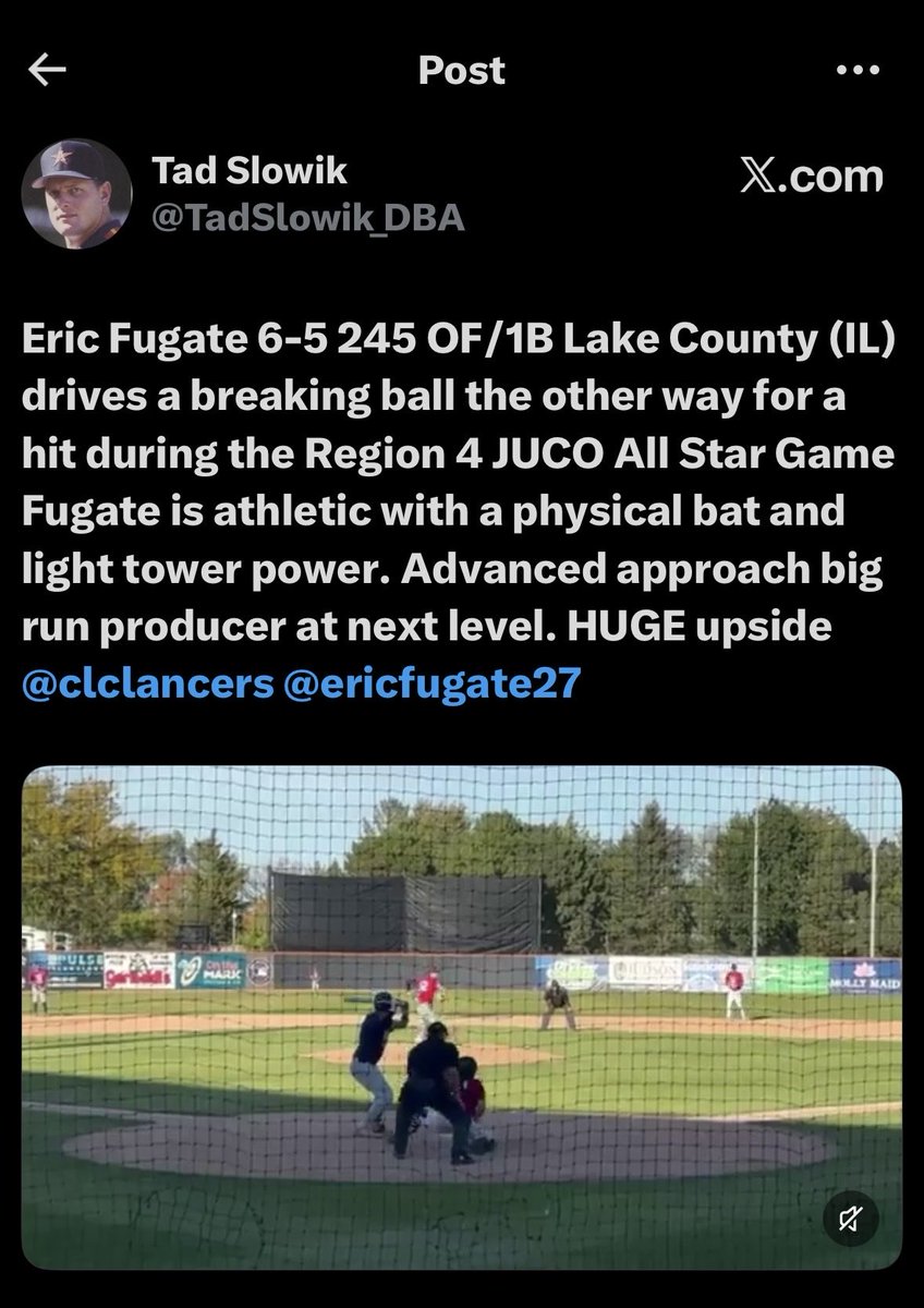 EricFugate27's tweet photo. JUCO Sophmore 
College of Lake County 
6’5 240lbs 1B/OF 3.35 GPA
Looking for 4 year opportunities 

-Final Fall Stats :
AVG: .517 (15 for 29)
OPS: 1.508 | OBP: .611 | Hits: 15|
HR: 2 | 2B: 5| SB: 4| BB: 7|
@HeathCummings5 @LancerBaseball2 @TadSlowik_DBA @bigherbbaseball https://t.co/B4RFUcA1z0