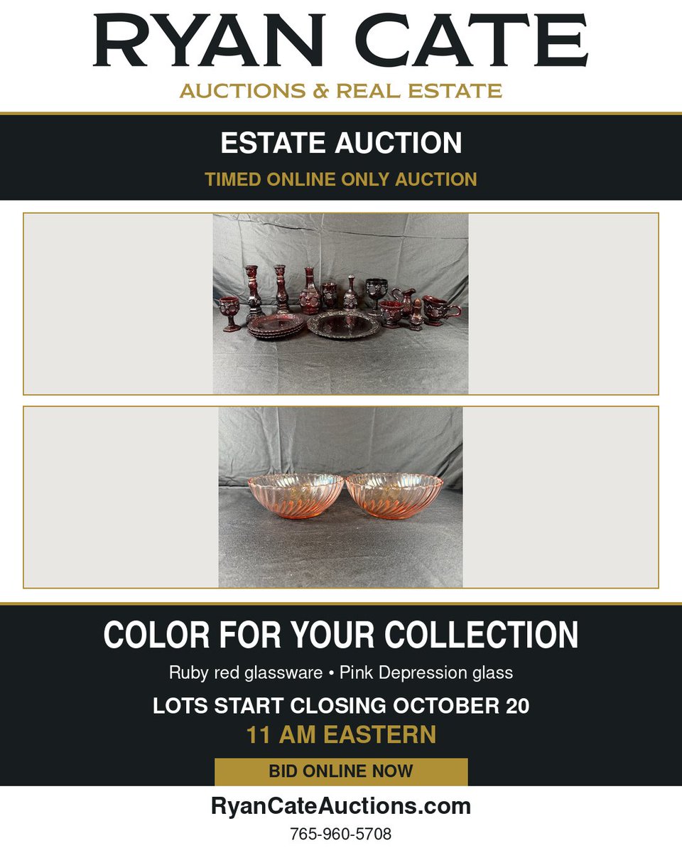 ryancateauction's tweet photo. BID NOW! Add color to your collection with ruby red glassware and pink Depression glass.

Lots start closing October 20 at 11 AM Eastern.

https://t.co/NHfTh6ptuq

#RyanCateAuctions #VintageGlassware #EstateAuction #OnlineBidding https://t.co/dp96zz9vgp