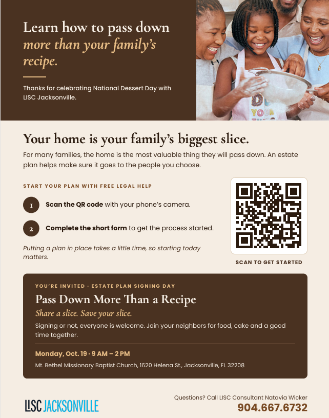 LISCJax's tweet photo. Families keep their homes because a community shows up for them. Today, we said thank you to our estate planning partners with dessert.

Estate Plan Signing Day is Mon., Oct. 19, from 9 AM to 2 PM at Mt. Bethel Baptist Church. Come make your plan. https://t.co/R741Fr4Aqf