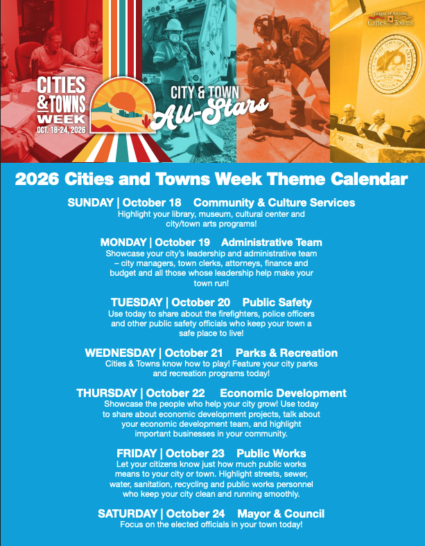AzCities's tweet photo. 🗓️ Arizona Cities & Towns Week kicks off Sunday! 🎉

Join us October 18–24 for the 25th annual #AZCityWeek as we celebrate the services, public works, and dedicated local teams that keep Arizona’s communities running every day.

Need inspiration? Our toolkit has sample press releases, social media graphics, event ideas and more to help your city or town celebrate and showcase what makes your community special!

🔗 Explore the toolkit: https://t.co/WFHT1HMiCd