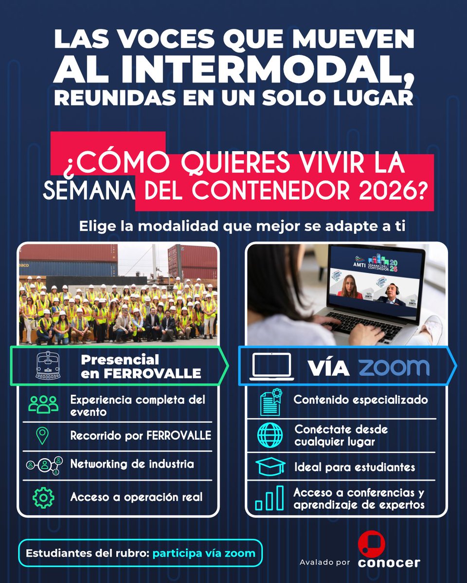 AMACARGA's tweet photo. La Semana del Contenedor AMTI 2026 está por comenzar.⁣ Tres días de conocimiento, experiencias y conversación sobre el presente y futuro del transporte intermodal.⁣
⁣
📍 Ferrovalle | Ciudad de México⁣
📅 28, 29 y 30 de octubre⁣
⁣
#AMTIMexico #SemanaDelContenedor https://t.co/GGrBJsr6eT