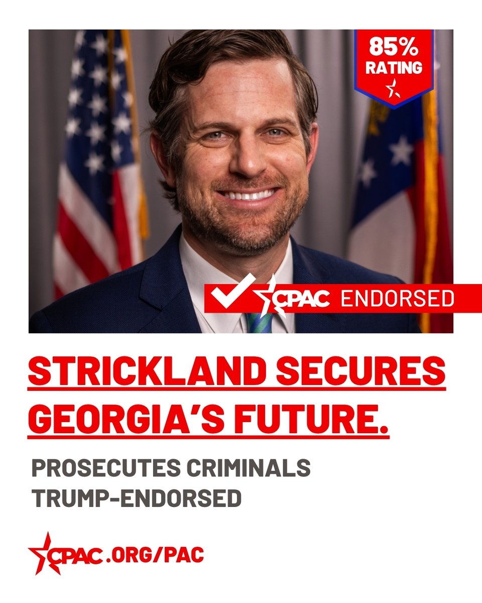CPACActionPAC's tweet photo. CPAC Endorsed BRIAN STRICKLAND for Attorney General (Georgia), CPAC Lifetime Rating: 85% 🇺🇸 https://t.co/6WKGHIyvoD