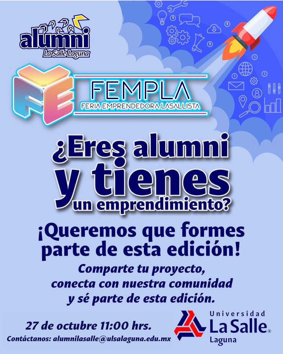lasallelaguna's tweet photo. 🚀 ¡Alumni emprendedores, esta edición es para ustedes! 💙💛
Si eres egresado de Universidad La Salle Laguna y tienes un emprendimiento, negocio, marca o proyecto, te invitamos a formar parte de FEMPLA x alumniLaSalle.
Un espacio para dar visibilidad a tu proyecto, conectar y compartir lo que haces con nuestra comunidad universitaria.
📅 27 de octubre
📍 Universidad La Salle Laguna
📎 LINK DE REGISTRO : https://t.co/5Djbh9jE3U
