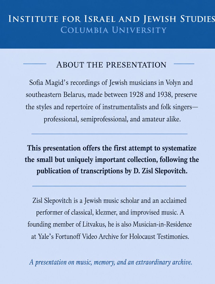 ColumbiaIIJS's tweet photo. Rare glimpse into pre-WWII Jewish fiddle traditions: Join scholar &amp; musician Zisl Slepovitch exploring Sofia Magid's extraordinary 1928-38 recordings.

📅 Oct 15 | 12 PM | 617 Kent Hall
📝 Register by Oct 13 for campus access https://t.co/Ly1MQEJoXv