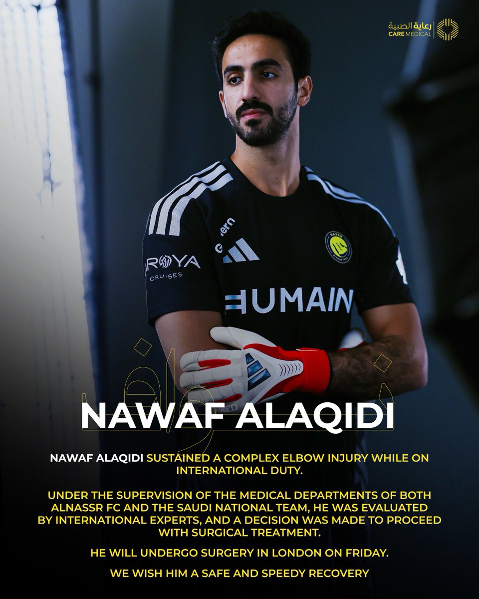 AlNassrFC_EN's tweet photo. Nawaf AlAqidi will undergo elbow surgery on Friday. 
Wishing you a speedy recovery, @Nalaqidi. Come back stronger 💛 https://t.co/E2oMgQy1Q1