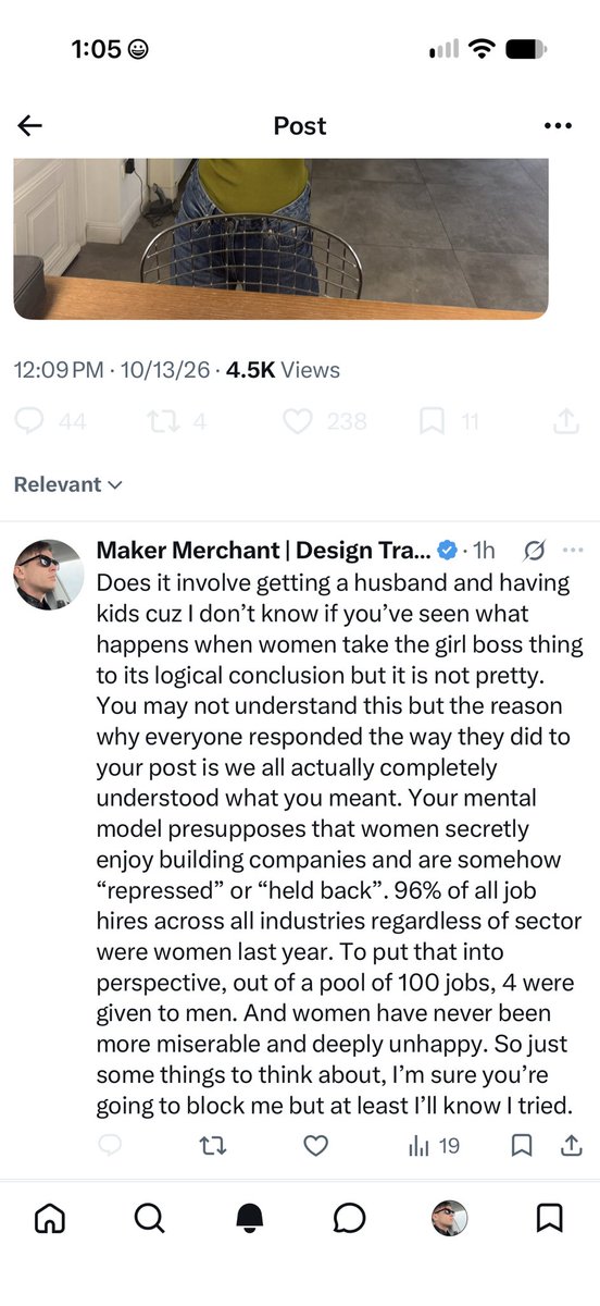 maker_merchant's tweet photo. Average girl boss interaction:

1. Posts retarded take
2. Gets destroyed by logic and reality
3. Narcissism posting to save ego
4. Learns no one is impressed by her
5. Blocks anyone pointing out reality

Rinse/repeat https://t.co/kTYg5GjSLn