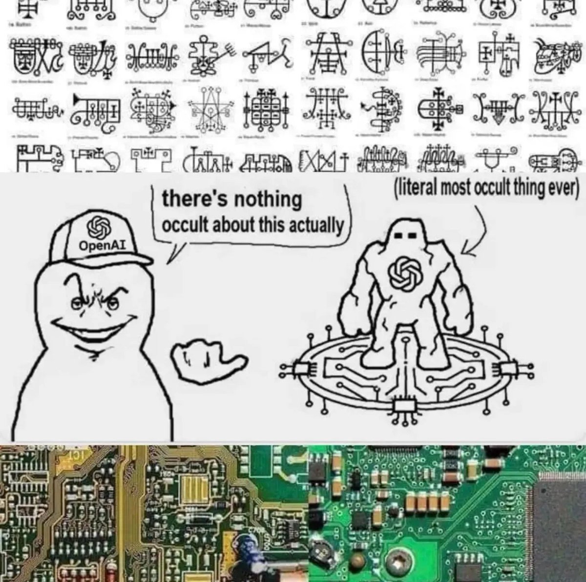 beffjezos's tweet photo. "Oh this? This is just an entity from the nether realm I summoned by enscribing runes on magic stones I forged in a sacred kiln, then proceeded to cast certain spells to distill the collective conscious to imbue it into the substrate. Don't worry, it doesn't have a soul." https://t.co/0oiXLnAWke
