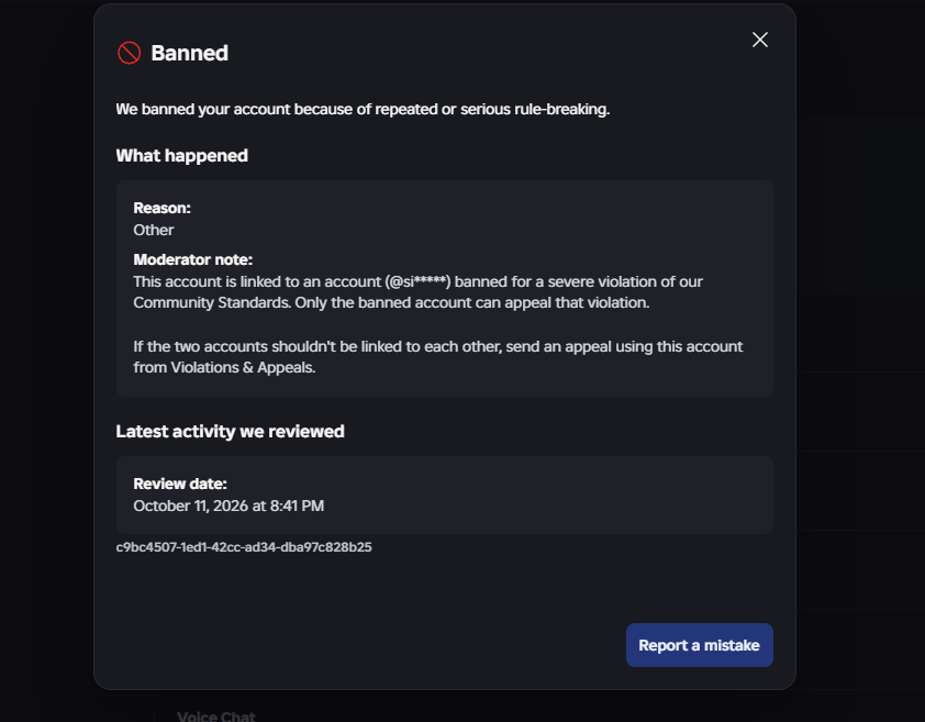 Asapkujo's tweet photo. I'm confused as to why @roblox would hide the user of the account it believes to be linked to mine? They banned me on 10/11/26 when I only have one. They falsely ban me and refuse to overview me and many others accounts this is not right. #roblox #falseban https://t.co/MgifLekckf