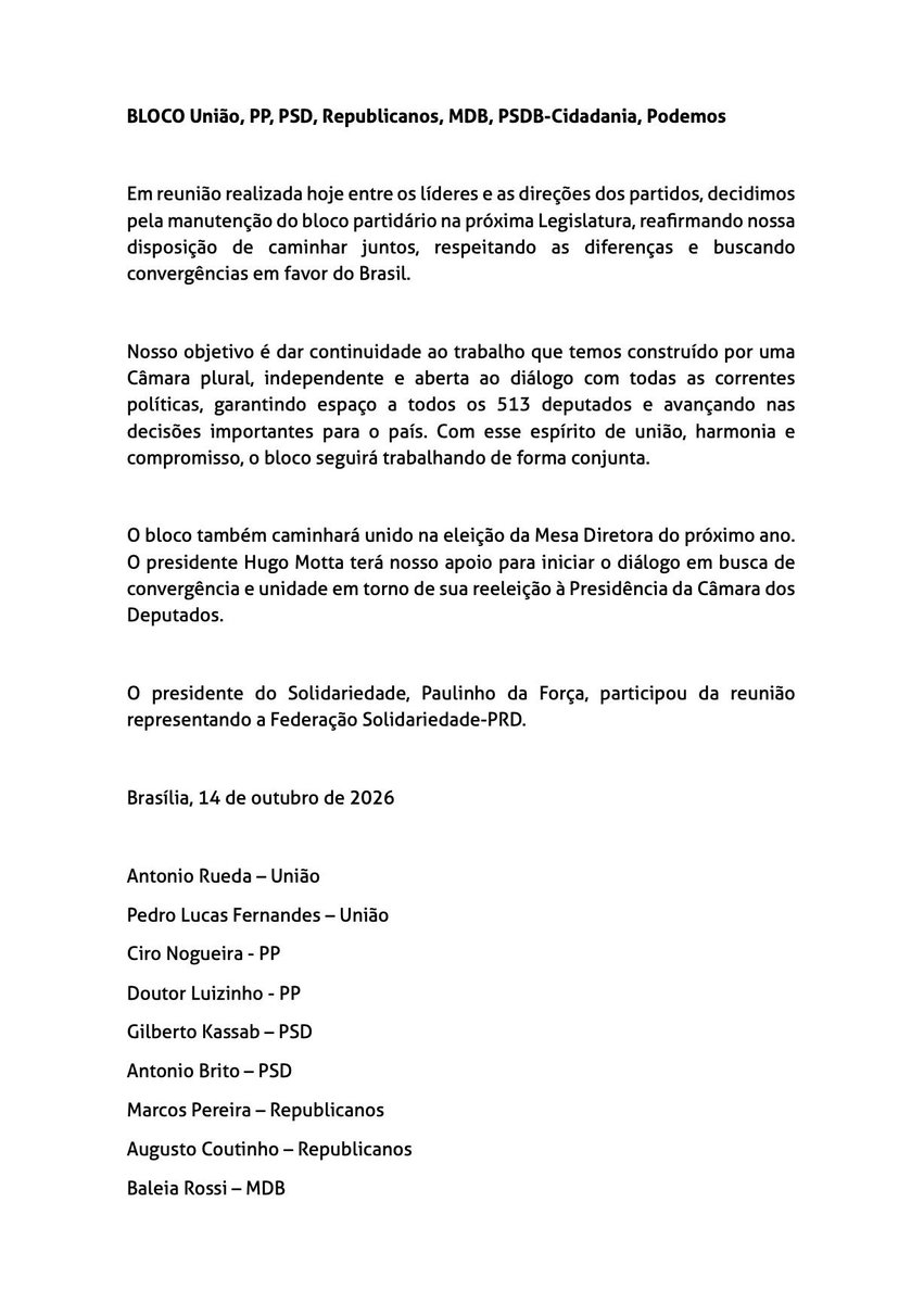 Andre17121979's tweet photo. 🚨 ATENÇÃO- Centrão reúne sete partidos (União, PP, PSD, Republicanos, MDB, PSDB-Cidadania e Podemos), que somam 245 dos 513 deputados e apoiam a reeleição de Hugo Motta à presidência da Câmara.

O PL, por sua vez, conta com 121 deputados. https://t.co/aB2uuL2JLl