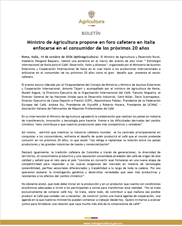 MinAgricultura's tweet photo. #MinAgriculturaEnItalia🇮🇹| Durante décadas, la industria cafetera se ha preguntado cómo conquistar a quien toma café. Hoy la pregunta es otra: ¿quién lo va a cultivar?

Ese fue el planteamiento que llevó el ministro de Agricultura, Indalecio Dangond Baquero, a Roma 🇮🇹, durante el evento de alto nivel Estrategia Internacional de Italia para el Café: Desarrollo, Valor y Alianzas, donde compartió escenario con gobiernos, organismos internacionales y grandes marcas de la industria.

Por eso propuso acelerar la investigación para tener variedades más resistentes al clima, apostar por compras a largo plazo e inversión en origen, y abrir nuevos mercados donde el café colombiano y la industria italiana crezcan juntos 🌱🤝